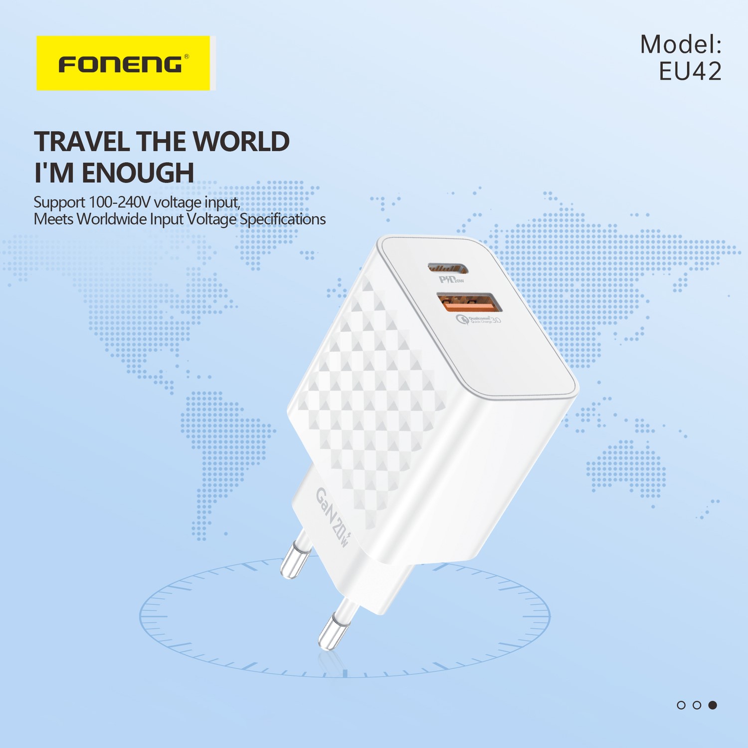 Incarcator Foneng GAN -USB+TIP C PD20W 3A Alb - 3 | YEO